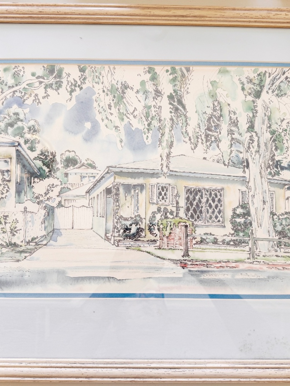 Signed Spencer Original Art Pen Ink Watercolor House Landscape Framed 21.5x17.5